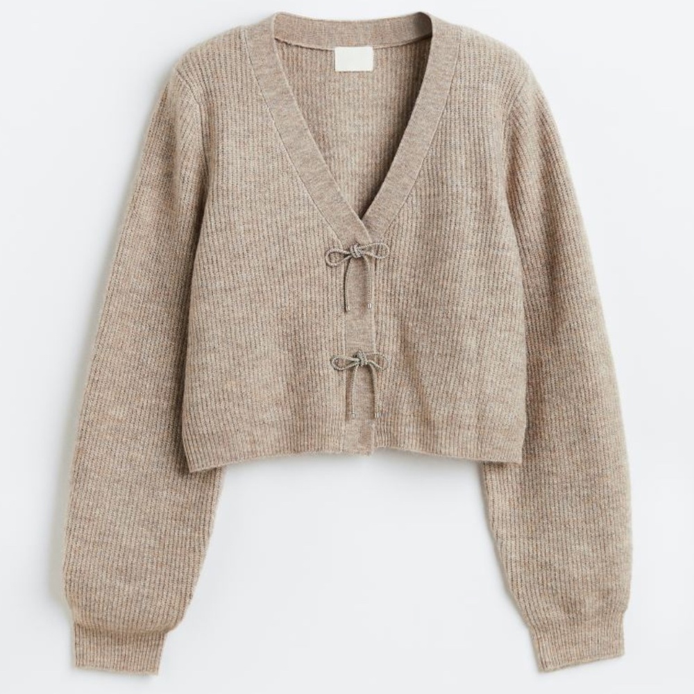 H&M NWT Rhinestone-bow rib-knit cardigan - Beige, size M